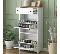 Modern Shoe Storage Cabinet with Adjustable Panels, Wood Grain Pattern Freestanding Organizer with 2 Flip Drawers for Entryway, Bedroom, Hallway - Stylish White Shoe Rack