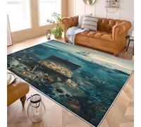 Modern Short Pile Carpets Nautical Pirate Theme Living Room Bedroom Rug, Machine Washable Blue-Green Area Rug Non Slip TPR Backing High Traffic Carpet, Durable Floor Mat 60x90 cm