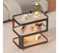 Modern Side Table with Wheels, Glass Tabletop, 3-Tier End Table for Living Room, Narrow Nightstand with Storage Shelves fr Small Space(White,70x30x59cm)