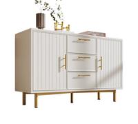 Modern Sideboard Storage Cabinet Buffet Console Table with 3 Large Drawers, 2 Doors, Adjustable Shelves, Gold Metal Legs, Decorative Ribbing Design for Living Room & Bedroom