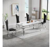 Modern Silver Faux Marble Dining Table Set for 4 - Lar Kitchen Table with 4 Leatherette Chairs & Stainless Steel Legs, Perfect for Dining Room & Living Room Decor