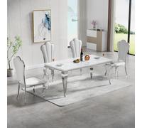 Modern Silver Faux Marble Dining Table Set for 4, Lar Kitchen Table with Leatherette Chairs & Stainless Steel Legs, Dining Room Fur
