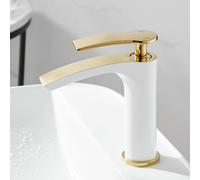 Modern Single Handle Bathroom Sink Faucet White & Gold Ceramic Valve Low-Profile Design Waterfall Spout Stylish Bathroom Fixture for Home & Renovation.