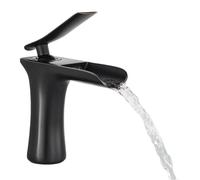 Modern Single Handle Brass Waterfall Faucet for Bathroom Sink - Hot & Cold Water Mixer Tap, Short Black Design, Elegant and Functional Bathroom Fixture.
