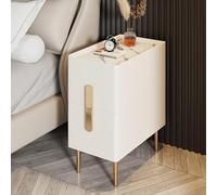 Modern Slim Nightstand with 2 Drawers and Metal Legs Stylish Bedside Table with Pu Leather Finish Space saving Storage Cabinet for Small Bedrooms Beige (25x40x50cm)