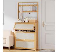 Modern Slim Rattan Shoe Cabinet with Coat Shelf Free Standing Bamboo Dresser with 3 Flip Doors for Entryway Hallway & Living Room - Natural Finish 27.6" L x 12.6" W x 74" H