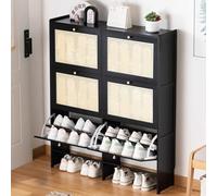 Modern Slim Shoe Cabinet, Narrow Storage with 2-6 Flip Drawers, Adjustable Shelves, Fluted Doors, Holds 12 Pairs, Ideal for Hallway, 24cm Depth, Black, 3 Drawer (70cm)