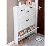 Modern Slim Shoe Cabinet with 2 Drawers 3 Tier Wooden Shoe Storage Organizer Air Hole Design Pull Down Shoe Rack Stand for Home Hallway Bedroom Hall White Thin 28"