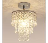 Modern Small Crystal Chandelier Chrome Flush Mount Ceiling Light, E14 Bulb Base, Round Shape 3 Tiers Raindrop Crystal Ceiling Light Fixture for Bedroom, Dining Room, Girls Room (Bulb not Include)