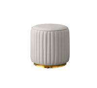 Modern Small Round Leather Ottoman with Gold Plated Base - Light Grey Footstool Stylish Sofa Cube for Living Room 33x35cm Versatile Home Decor