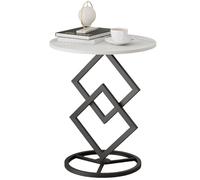 Modern Small Round Side Table 40x58 cm Stone & Metal Coffee Table Stylish Living Room & Bedroom Accent Table with Steel Frame (Black & White Slate)