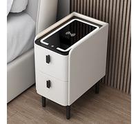 Modern smart bedside table with storage space LED lighting and charging port. Compact white bedside table for small and narrow bedrooms - a space saving solution.