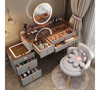 Modern Smart Vanity Desk with Touch Screen Dimming Mirror Bluetooth Speaker & Wireless Charging Station 5 Drawer Dressing Table for Bedroom Makeover.