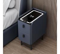 Modern Smart Wood Bedside Table with Charging Station Bluetooth Audio and Two Drawers Light Gray 35cm Wide Nightstand for Bedroom