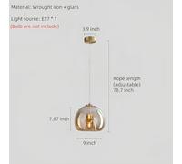 Modern Smoked Gray Glass Pendant Light - Creative Globe Chandelier for Kitchen Island Bedroom Living Room Entryway - Stylish 1-Light Fixture with Cognac Accent