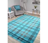 Modern Soft Teal Blue Tartan Highland Check Rugs (120cm x 170cm)