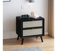 Modern Solid Wood Bedside Table with Double Storage Drawers - Nordic Oak Rattan Design, Retro Mini Wooden Nightstand, Easy No-Assembly for Bedroom Furniture (Color: C)