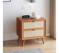 Modern Solid Wood Nightstand for Bedroom Nordic Style Double Drawer Oak Rattan Mini Nightstand with Storage No Assembly Required - Retro Chic Design