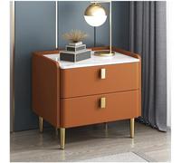Modern Solid Wood Nightstand with 2 Drawers Leather Surface Bedside Table Slate Top Small End Table Stylish Tall Night Stand Cabinet for Bedroom & Living Room Orange 45cm