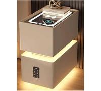 Modern Solid Wood Nightstand with Charging Station, Password Lock & LED Light - Pre-Assembled Mini Cabinet End Table for Bedroom - Beige (Size: 35cm)