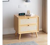 Modern Solid Wood Nightstand with Double Storage Drawers - Nordic Oak Rattan Bedside Table, Retro Mini Wooden Design, No Assembly Required - Ideal for Bedroom Decor