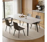 Modern Space-Saving Dining Table 160CM - White Sintered Stone with Marble Wood Grain Slim Carbon Steel Design for Kitchen & Dining Room (Chairs Not Included)