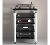 Modern Speaker Mount & Media Stand with Wheels, Movable Audio Rack Tower for Stereo & Electronics, Stylish Video Media Cabinet for Record Player & Receiver (White)