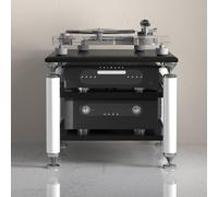 Modern Speaker Mount & Media Stand with Wheels - Movable Audio-Video Rack Tower for Stereo, Record Player, Receiver & Electronics Equipment - Stylish White Design