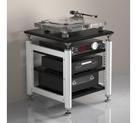 Modern Speaker Mount with Wheels, Movable Audio-Video Media Stand, Stereo Cabinet Rack for Record Player & Electronics, Adjustable Media Tower, Black Audio Rack