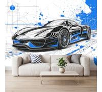 Modern Sports Technology Photo Wallpaper Wall Home Decoration | Black Car Blue Graffiti Lines Non-Woven Wall Mural 350 x 256 cm for Living Room Bedroom Kitchen Office Kid