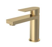 Balterley Bathroom Sink Taps, Mono Basin Mixer Tap with Push Button Waste, Single Lever Temperature Control Bathroom Tap, Round Body, Flat Square Tip Spout Taps - 50 x 166 x 149mm (Brushed Brass)