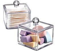 Modern Square Qtip Holder Acrylic Bathroom Vanity Countertop Storage Organizer Canister Jar for Cotton Swabs, Rounds, Balls, Makeup Sponges, Bath Salts - 2 Pack - Clear