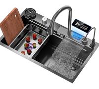 Modern Stainless Steel Kitchen Sink - Black Waterfall Design 75x45x22cm - Embedded Sink for Stylish Home & Efficient Food Prep