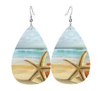 Modern Starfish And Coral On Sandy Beach Landscape Teardrop Leather Earrings Ladies Print Pendant With Hook Fashion Vintage Party Daily Wear