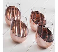Modern Stemless Wine Glass Set of 4, White or Red Wine Glasses with Copper Metallic Bottom Angled Design (Rose Gold)