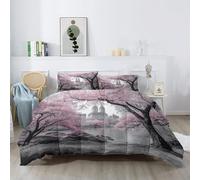 Modern Style Coverless Duvet for All Seasons - Single Size Washable Lightweight Duvet Sets 135 x 200 cm with 2 Pillowcases, Cherry Blossoms Trees Lakes Buildings Reversible Quilt Comforter, Grey