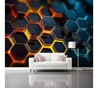 Modern Style Neon Hexagon Pattern Wallpaper Mural, 98.4" x 68.8" Non-Woven 3D Effect Wallpaper, Dark Photo Poster Murals for Sofa TV Background Bedroom Wall Art