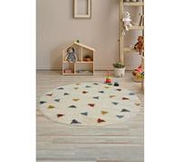 Modern Style Rugs Cosy Shaggy Multi Triangles Circular Round Cream Rug, High Pile Rugs for Living Room, Bedside, 100x100cm