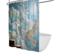 Modern Surrealism Abstract Shower Curtain Waterproof Polyester Fabric White Avian in Flight and Clouds Sea Bathroom Curtain Extra Long 200 x 240 cm