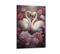 Modern Swan Canvas Wall Art, Pink Natural Rose Lovely Animal Vintage Painting Print on Textured Canvas, Wall Poster Artwork for Living Room Bedroom Office Decor Frame 20x30inch(50x75cm)