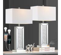 Modern Table Lamp Set of 2 Touch Control, Silver Mirror Diamond Crystal Bedside Lamp with USB C+A Ports, 3-Way Dimmable Mirrored Nightstand Lamps White Fabric Shade for Living Room Bedroom Art Decor