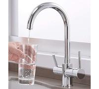 Modern Taps,3 Way Water Filter Taps Kitchen Sink Mixer Tap Pure Drinking Faucet Dual Lever 360° Rotatable Stand 3-Way Kitchen Faucet for Water Filter, Beige Plating Chrome(B)