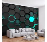 Modern Technology Abstract Geometry Photo Wallpaper Premium Print | 150 x 105 cm Non-Woven Wall Mural Neon Green Hexagon for Living Room Bedroom Kitchen Office Kid