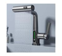 Modern Temperature Display Bathroom Faucet with Liftable Waterfall Design Single Hole Basin Mixer Faucet with Pull Down Sprayer for White Bathroom Sink