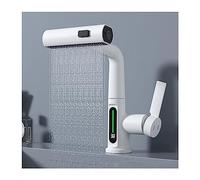 Modern Temperature Display Bathroom Faucet with Liftable Waterfall Design Single Hole Basin Mixer Faucet with Pull Down Sprayer for White Bathroom Sink