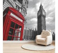 Modern Theme Wall Mural Wallpaper 300x210 cm - Telephone Booths Urban Architecture Pattern Poster Non-Woven Art Photo Wallpaper, Grey 3D Effect Wall Mural Covering for Living Room Bedroom Office Decor