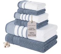 Modern Threads 6 Piece Set, 2 Bath Towels, 2 Hand Towels, 2 Washcloths, Quick Dry White/Contrast Reinhart Denim