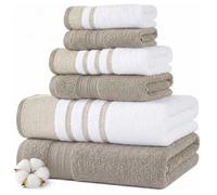 Modern Threads 6 Piece Set, 2 Bath Towels, 2 Hand Towels, 2 Washcloths, Quick Dry White/Contrast Reinhart Tan