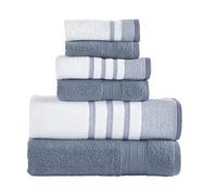 Modern Threads 6 Piece Set, 2 Bath Towels, 2 Hand Towels, 2 Washcloths, Quick Dry White/Contrast Reinhart Denim