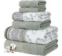 Modern Threads 6 Piece Set, 2 Bath Towels, 2 Hand Towels, 2 Washcloths Yarn Dyed Jacquard/Solid Towel Set Ophelia Dark Sage